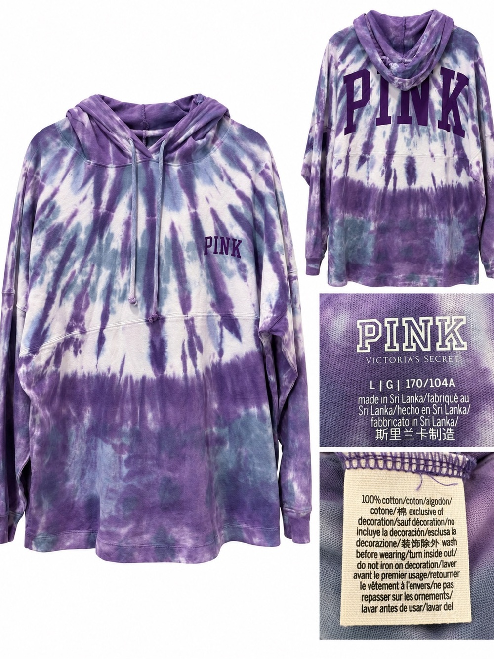 PINK Victoria’s Secret Tie Dye Hooded Long Sleeve Top Size Large Purple Blue NWT